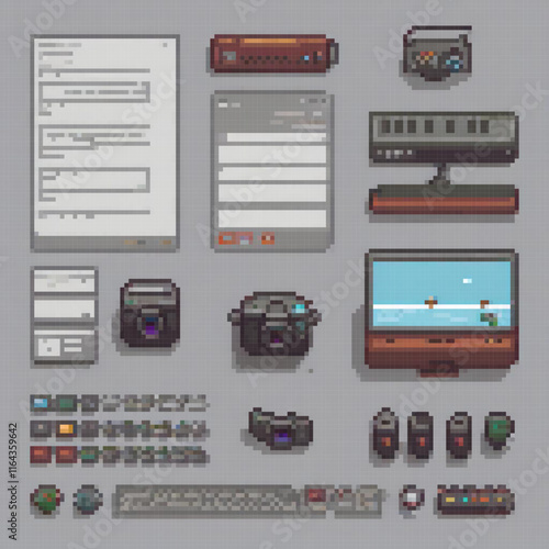 Pixel art elements for video games, perfect for retro gaming aesthetics.