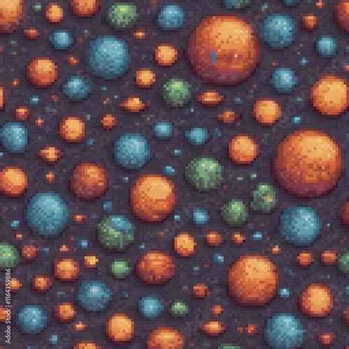 Vibrant pixel art spheres on a dark backdrop