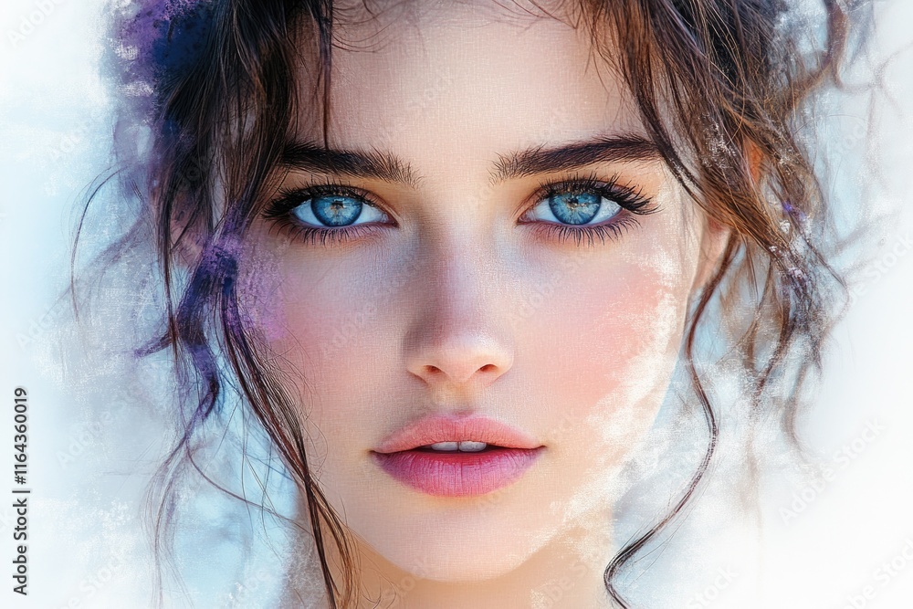 A close-up shot of a woman with bright blue eyes