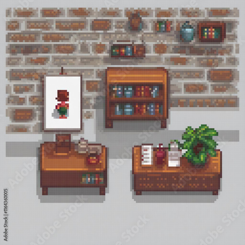 Pixel art depicting a cozy room with a brick wall and a table adorned with a green plant.