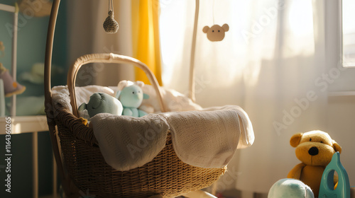 Cozy nursery corner with a woven bassinet and soft toys during afternoon light photo