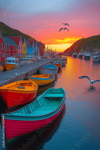 Wallpaper Mural Photo réaliste professionnelle d’un port de pêche vibrant au coucher du soleil, avec des bateaux colorés alignés le long des quais, et des mouettes volant au-dessus Torontodigital.ca