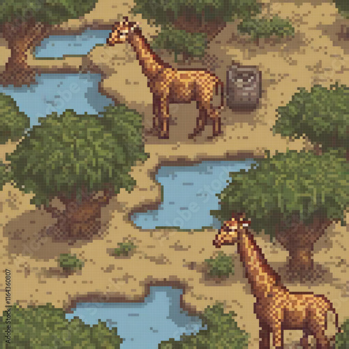 Adorable pixel art of two giraffes by the river, perfect for animal lovers and nature enthusiasts.
