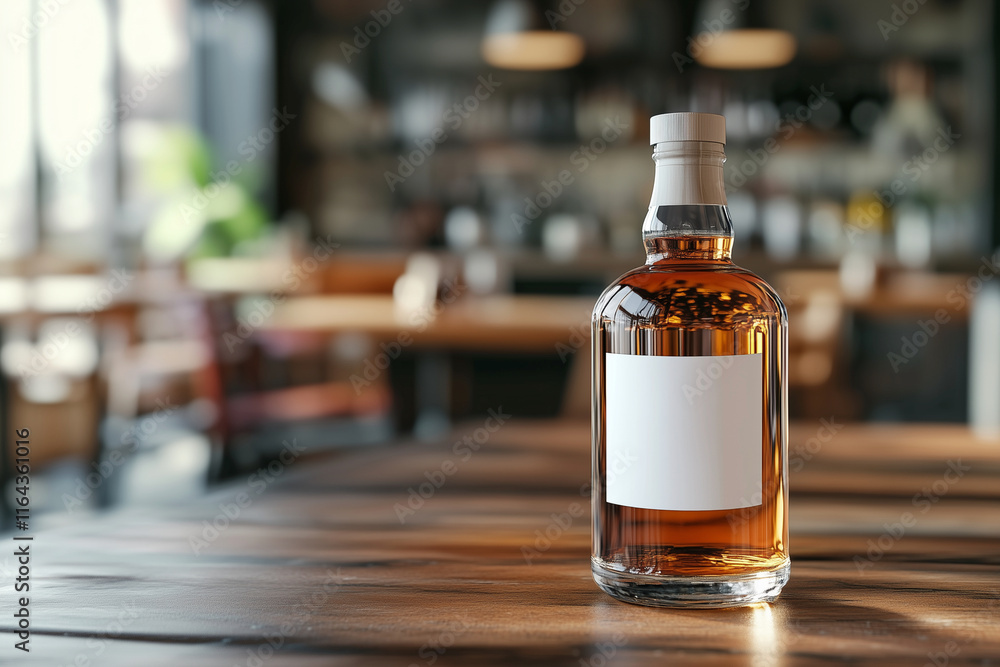 bottle of liquor sits on a table in a bar. The bottle is empty and has a white label on it. The bar is dimly lit, giving it a cozy and intimate atmosphere bottle of liquor sits on a table in a bar. The bottle is empty and has a white label on it. The bar is dimly lit, giving it a cozy and intimate atmosphere