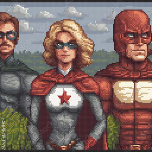 Pixel art of superheroes in a dynamic pose
