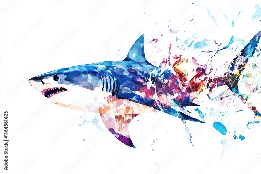 A close-up image of a shark with vibrant paint splatters A close-up image of a shark with vibrant paint splatters