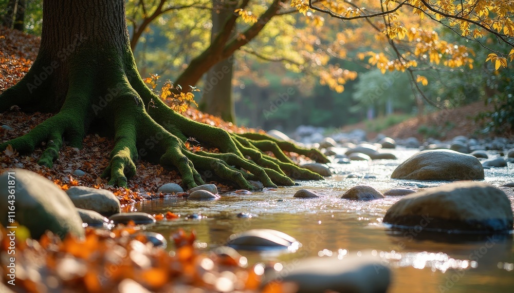 Mossy tree roots near a flowing stream with autumn leaves Mossy tree roots near a flowing stream with autumn leaves