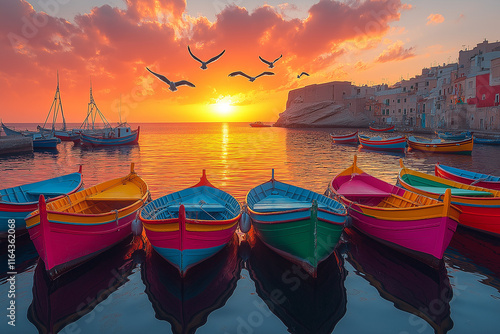 Wallpaper Mural Photo réaliste professionnelle d’un port de pêche vibrant au coucher du soleil, avec des bateaux colorés alignés le long des quais, et des mouettes volant au-dessus Torontodigital.ca