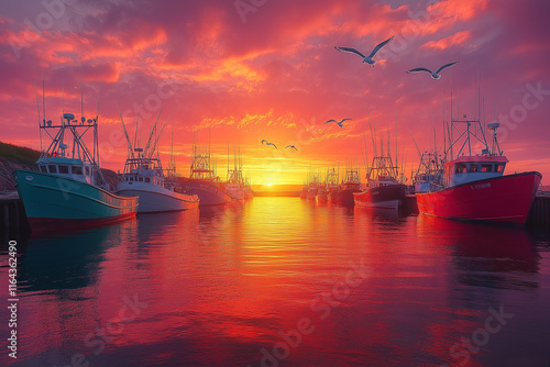 Wallpaper Mural Photo réaliste professionnelle d’un port de pêche vibrant au coucher du soleil, avec des bateaux colorés alignés le long des quais, et des mouettes volant au-dessus Torontodigital.ca