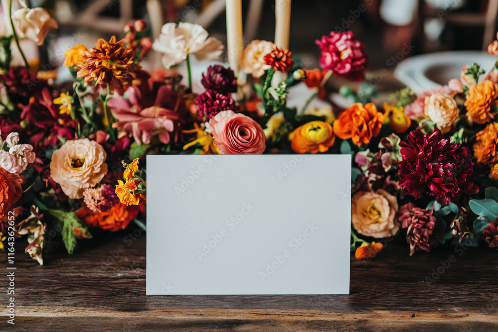 Obraz premium Blank card mock up on the table decorated with flowers