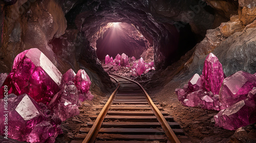 Mine tunnel, underground shaft with ruby deposit. Vector cartoon illustration of mining cave with wooden frame, red mineral crystals and rails inside mountain photo