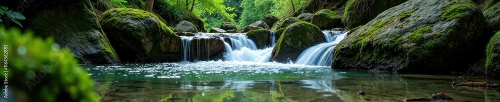 Obraz premium Crystal clear water tumbles over mossy rocks in deep forest, foliage, water, background