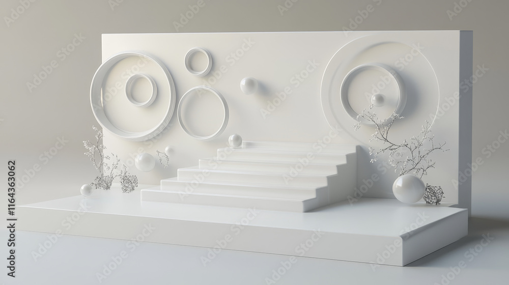 Cubic stair product podium with decorative circles in grey studio room interior with floor and wall. Realistic 3d minimal vector of white rectangular stage or platform mockup for goods display. Cubic stair product podium with decorative circles in grey studio room interior with floor and wall. Realistic 3d minimal vector of white rectangular stage or platform mockup for goods display.