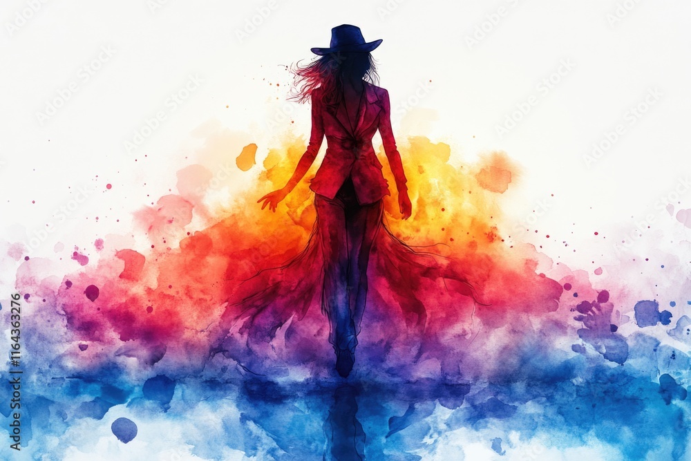 Fototapeta premium A woman wearing a long dress and hat, possibly for an occasion or event