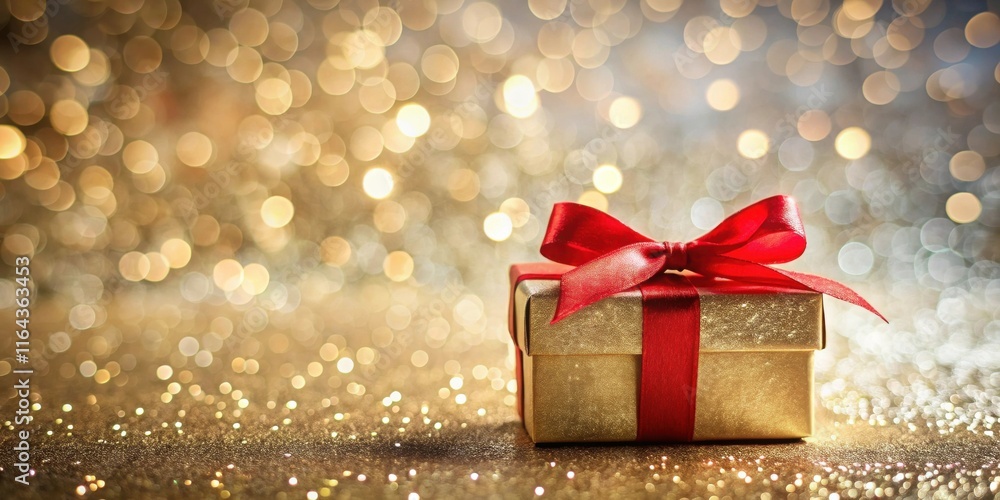 A golden gift box with a vibrant red ribbon, resting on a sparkling gold surface, illuminated by a warm, festive bokeh background. A golden gift box with a vibrant red ribbon, resting on a sparkling gold surface, illuminated by a warm, festive bokeh background.