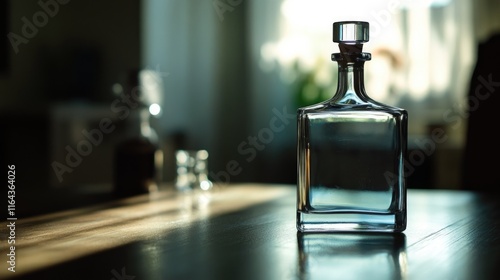 A glass bottle sits on top of a wooden table, empty and awaiting use