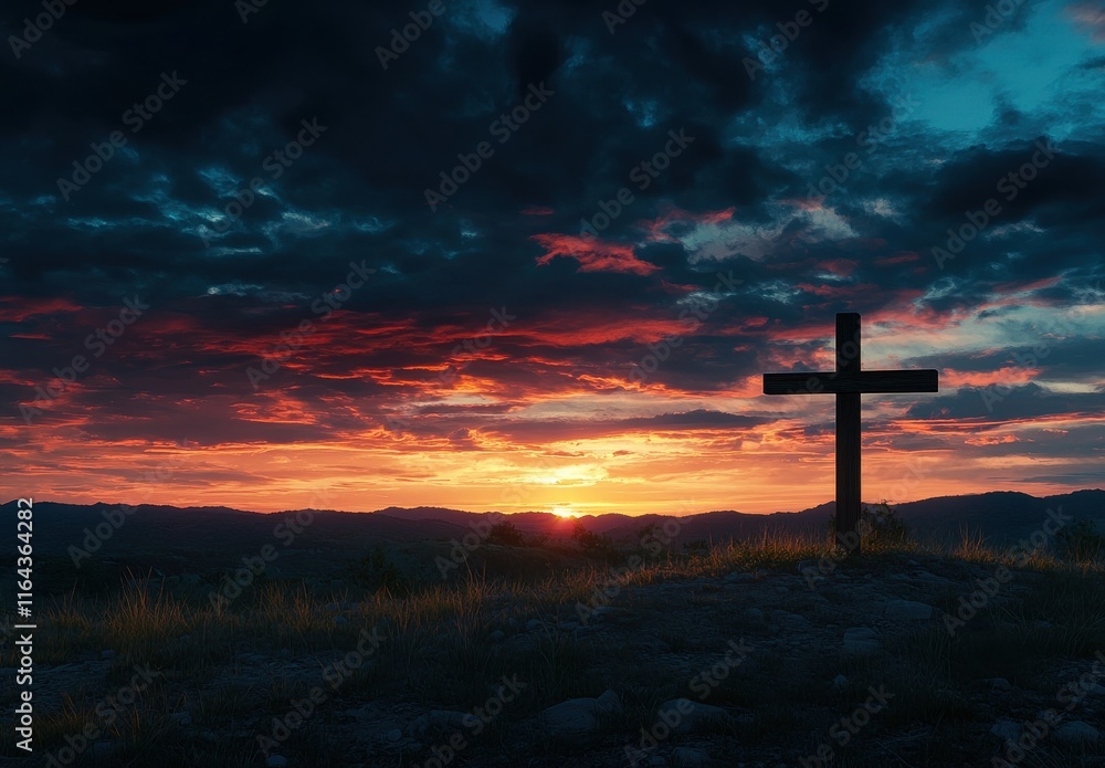 Serene Sunset Over a Cross Silhouette Against a Dramatic Sky Highlighting Spiritual Reflection and Peaceful Contemplation in Nature's Beauty Serene Sunset Over a Cross Silhouette Against a Dramatic Sky Highlighting Spiritual Reflection and Peaceful Contemplation in Nature's Beauty