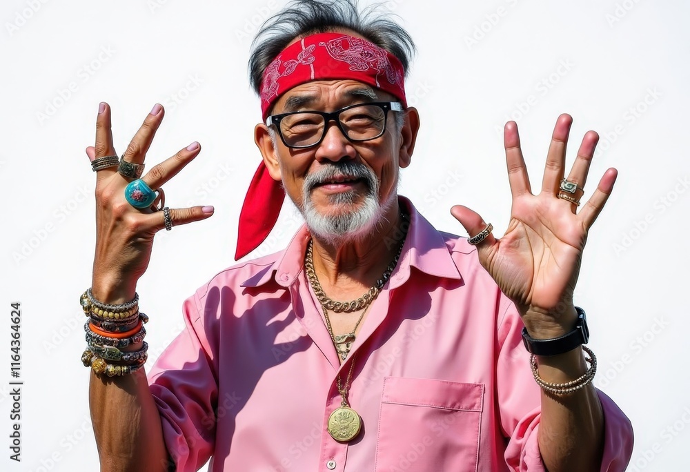 Person in pink shirt, glasses, jewelry, and red bandana Person in pink shirt, glasses, jewelry, and red bandana