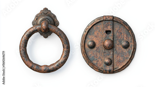 Old door knocker, ancient metal ring handle. Vector realistic set of rusty steel round doorknobs, decorative circle knobs in victorian style isolated on transparent background