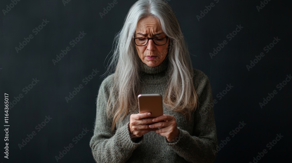 Senior Woman's Concerned Expression on Smartphone Senior Woman's Concerned Expression on Smartphone