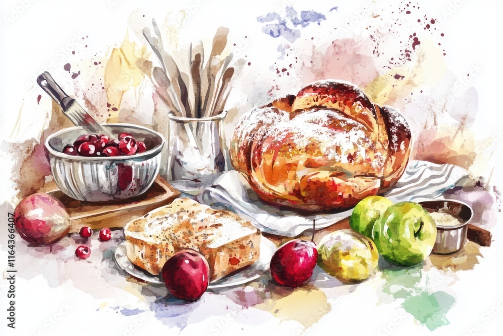 Fresh fruit on top of a delicate pastry, painted in watercolors Fresh fruit on top of a delicate pastry, painted in watercolors