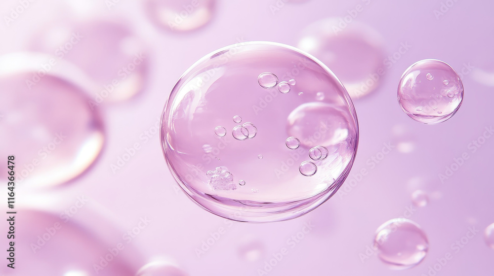 Transparent floating bubbles surrounding pink circular podium on pastel background. Realistic 3d platform with spheres with purple tinted reflections for product display or cosmetic advertising. Transparent floating bubbles surrounding pink circular podium on pastel background. Realistic 3d platform with spheres with purple tinted reflections for product display or cosmetic advertising.