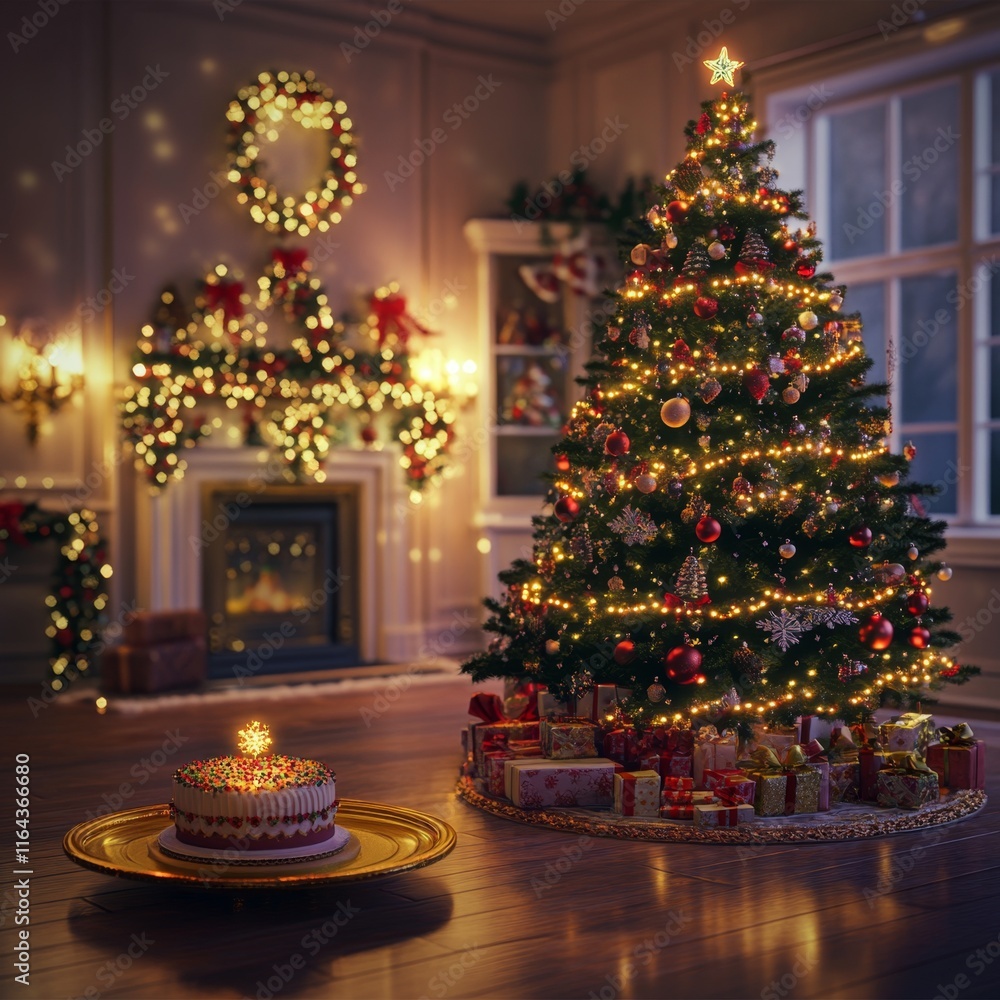 Festive Christmas Room with Decorated Tree and Cake Festive Christmas Room with Decorated Tree and Cake