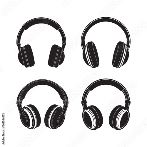 set of headphones silhouette, black and white silhouette, vector and illustration