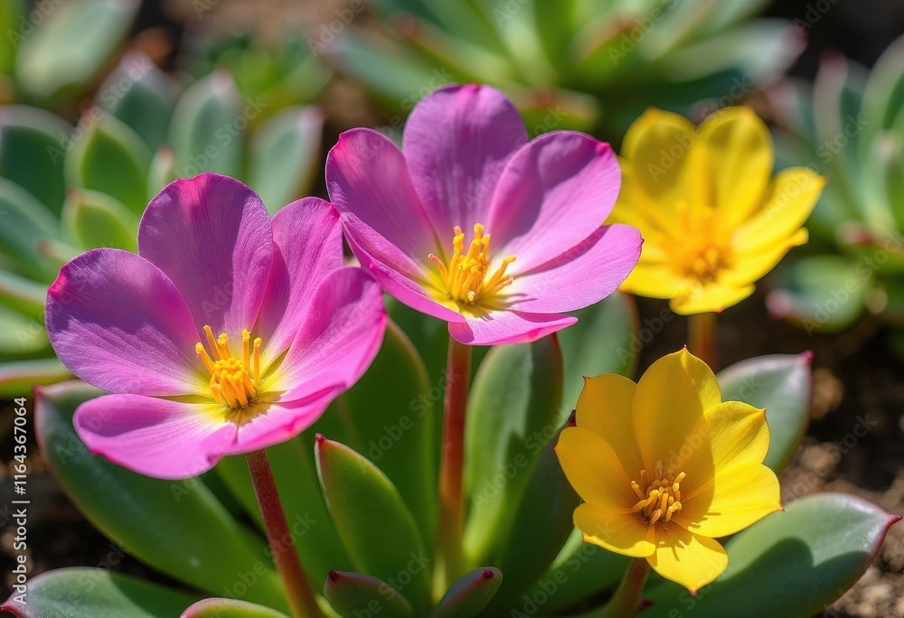Pink and yellow flowers with green leaves in garden. Pink and yellow flowers with green leaves in garden.