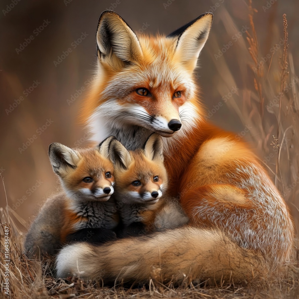 Red Fox Mother and Her Two Kits in Autumn Red Fox Mother and Her Two Kits in Autumn