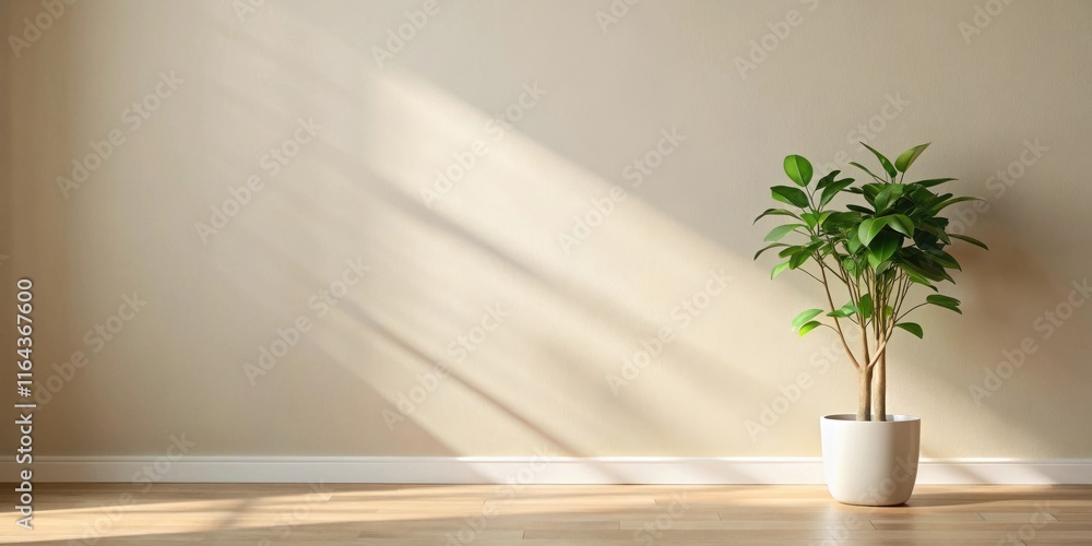 Serene Minimalist Interior with Sunlight Streaming Across a Light Beige Wall and a Lush Potted Plant on Light Wood Flooring