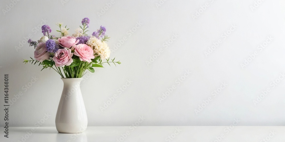 A Delicate Bouquet of Pastel Roses and Lavender in a White Vase on a Table A Delicate Bouquet of Pastel Roses and Lavender in a White Vase on a Table