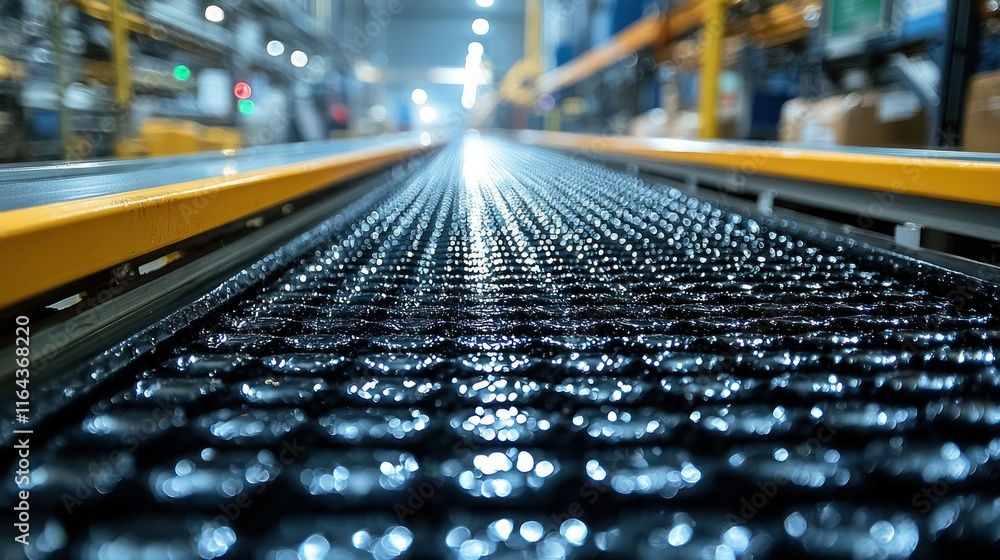 Fototapeta premium Conveyor belt in a factory setting, reflecting light.