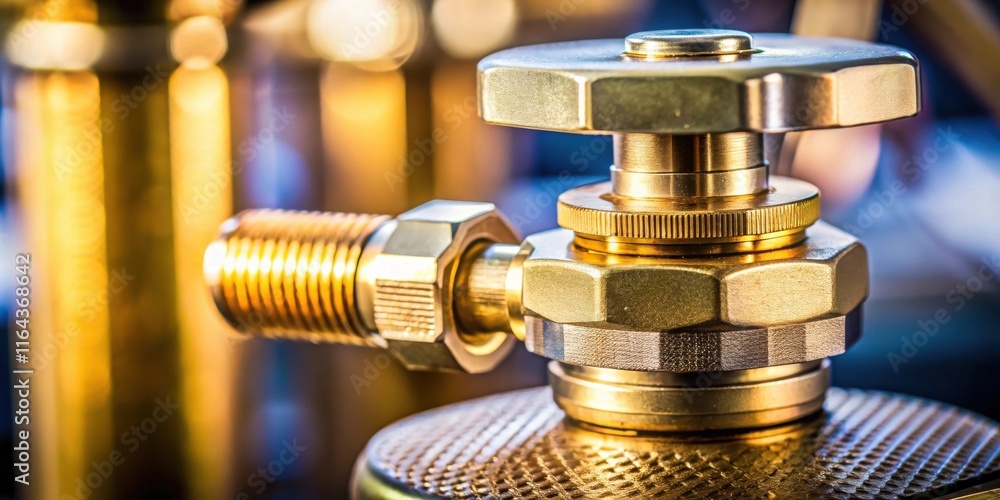 Close-up of a brass pressure regulator valve assembly with knurled adjustment knob Close-up of a brass pressure regulator valve assembly with knurled adjustment knob