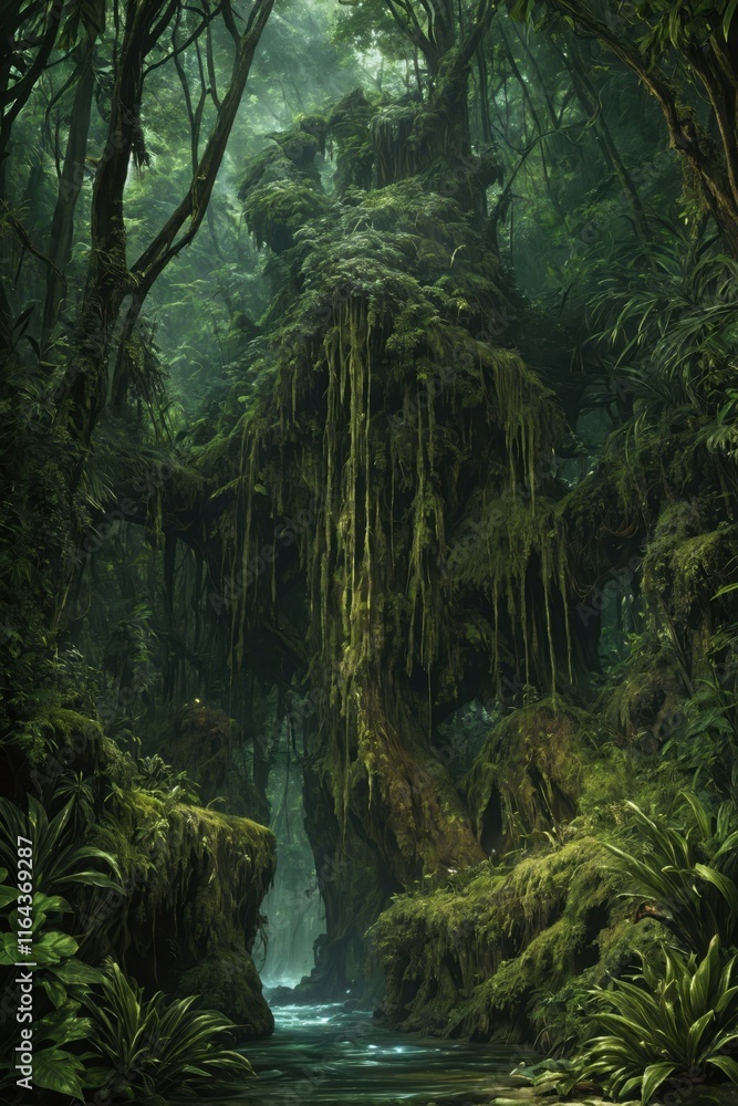 Naklejka premium Lush vegetation and river flowing through a mystical jungle forest creating a magical atmosphere
