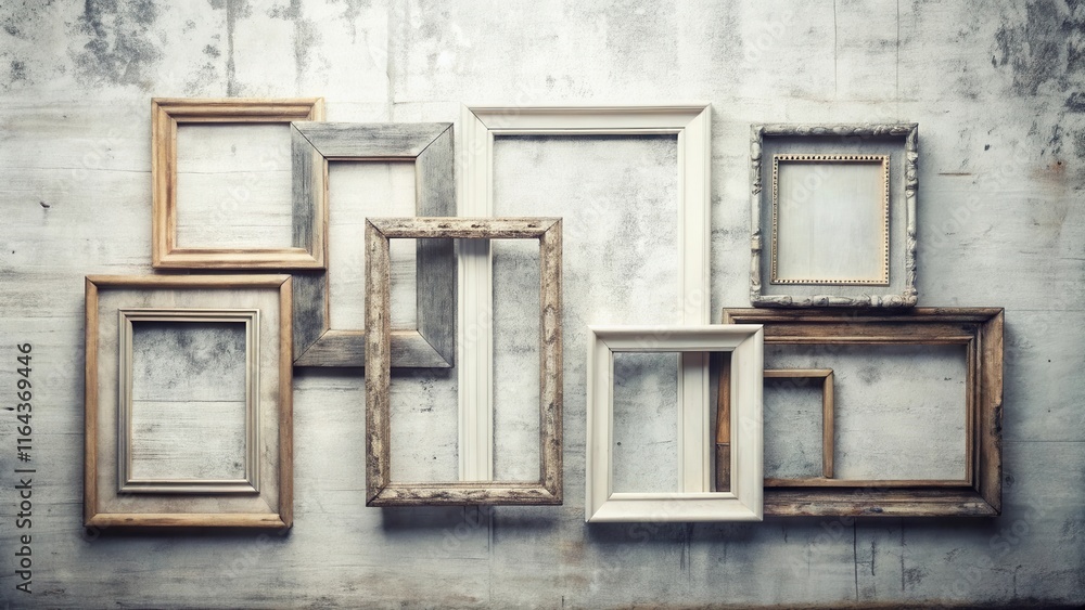 A Collection of Rustic and Shabby Chic Empty Picture Frames on a Weathered Wall A Collection of Rustic and Shabby Chic Empty Picture Frames on a Weathered Wall