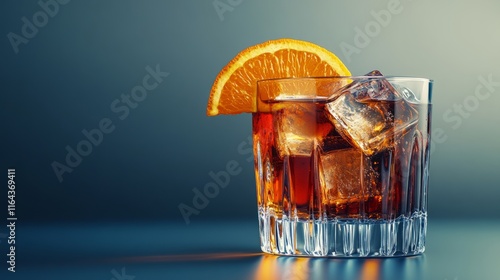 A layered drink sits in a crystal glass filled with ice cubes and garnished with a bright orange slice, perfect for a summer celebration or gathering photo