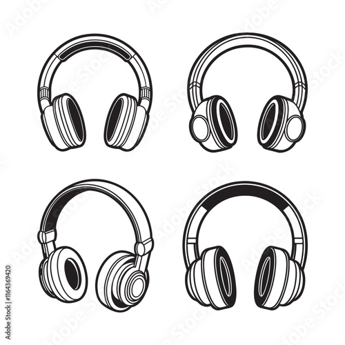 set of headphones line art, black outline, vector and illustration, line art and outline