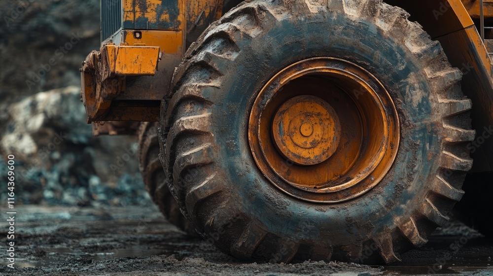 A close-up view of a large construction vehicle wheel resting in muddy terrain at an industrial site. The rugged tire showcases dirt and wear from heavy-use conditions A close-up view of a large construction vehicle wheel resting in muddy terrain at an industrial site. The rugged tire showcases dirt and wear from heavy-use conditions