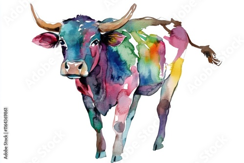 A vibrant watercolor illustration of a colorful cow photo