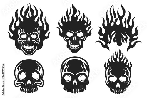 set of skull with fire vector illustration