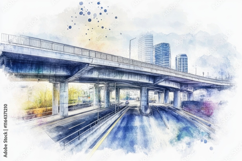 Obraz premium Watercolor illustration of a train passing underneath a bridge
