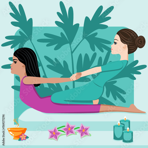 Thai massage. Therapy and treatment by professional therapist in SPA. Isolated flat vector illustration. European and Indian ethnicity.