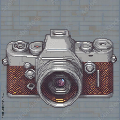 Pixel art cross stitch camera on brick wall