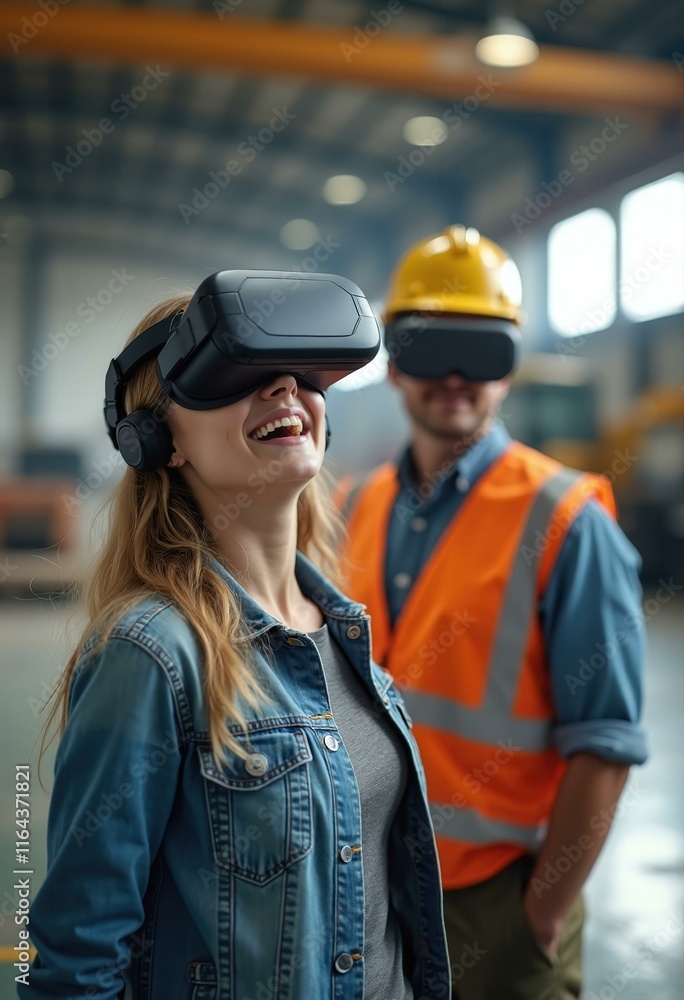 Cheerful woman wearing VR headset with man in hard hat and safety vest blurred in the background. Modern industrial training approach, digital workplace concept. Cheerful woman wearing VR headset with man in hard hat and safety vest blurred in the background. Modern industrial training approach, digital workplace concept.
