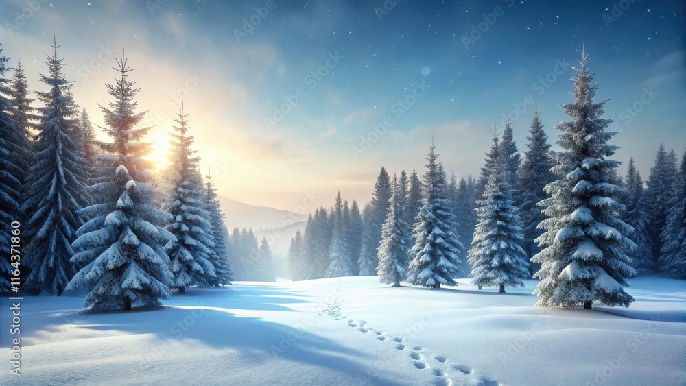 Fototapeta premium Serene Winter Sunrise in a Snow-Covered Evergreen Forest with Footprints in the Snow