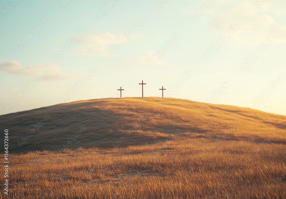 Obraz premium Three Rustic Crosses on a Golden Hill at Sunset Beneath a Clear Sky, Symbolizing Faith, Hope, and Reflection in a Serene Landscape, Evoking Spiritual Contemplation