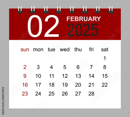 February 2025. Vector monthly calendar template 2025 year in simple style for template design. Week starts from Sunday.