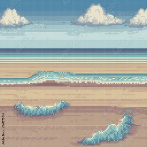 Pixel art depicting a serene beach scene with crashing waves on the sandy shore.