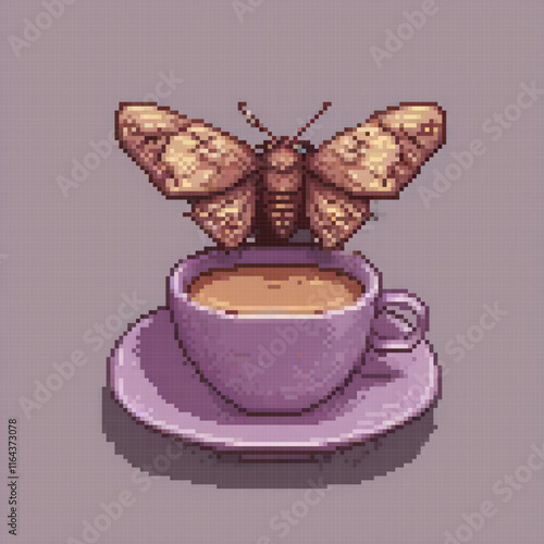 Pixel art of a coffee with a butterfly garnish